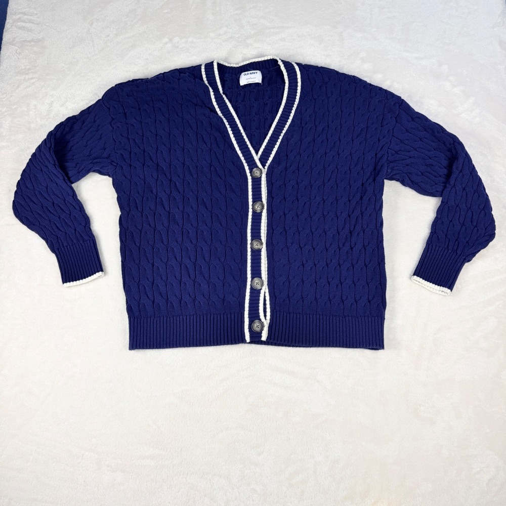 Old Navy Womens Varsity Cable Knit Cardigan L Navy Blue White Tipped V Neck